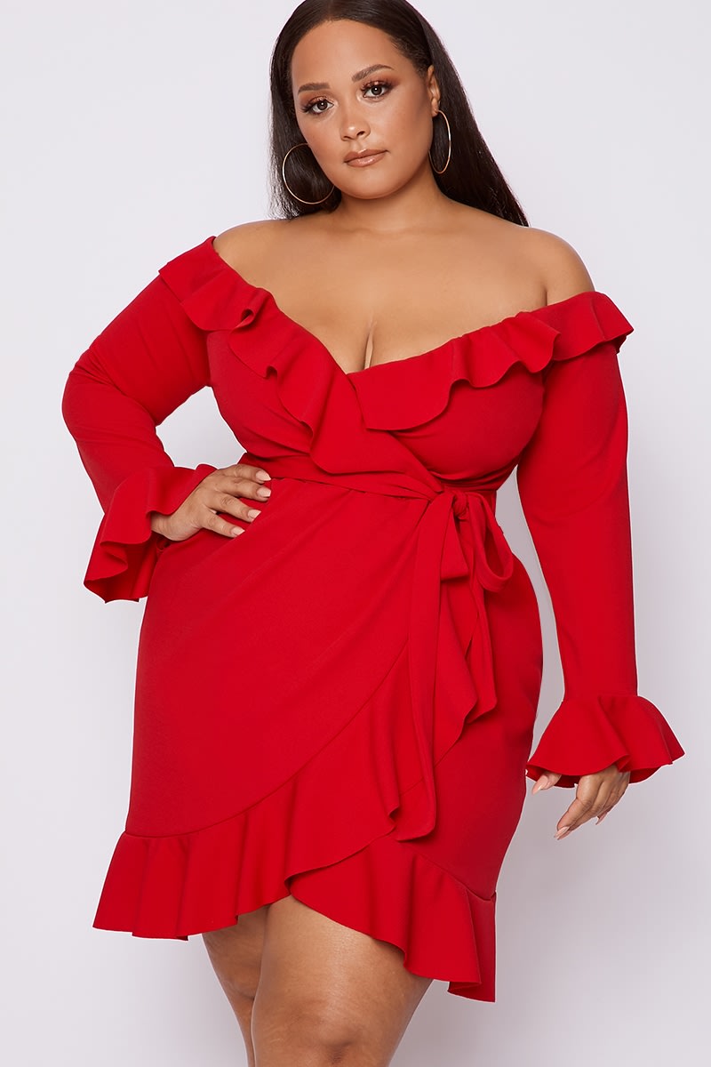 CURVE RED OFF THE SHOULDER FRILL MINI DRESS
