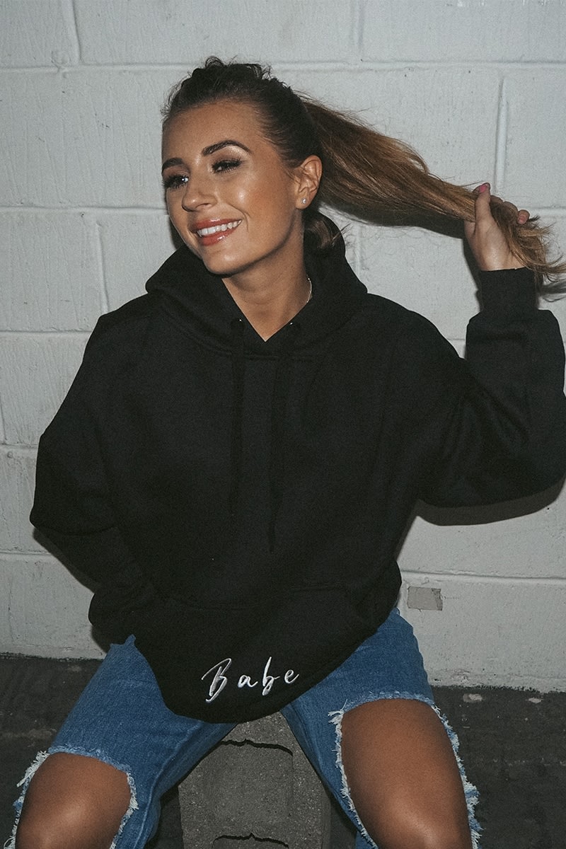 BABE BLACK EMBROIDERED OVERSIZED LOUNGE HOODIE