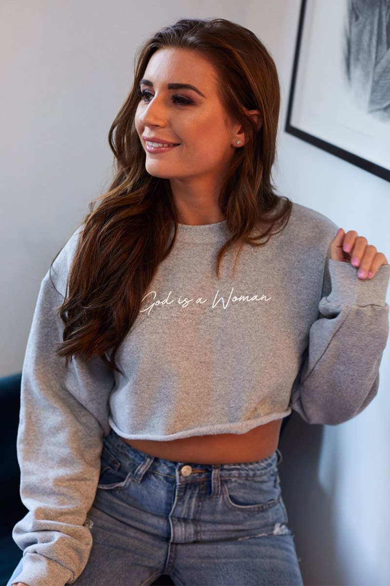GOD IS A WOMAN GREY SLOGAN CROPPED SWEATER