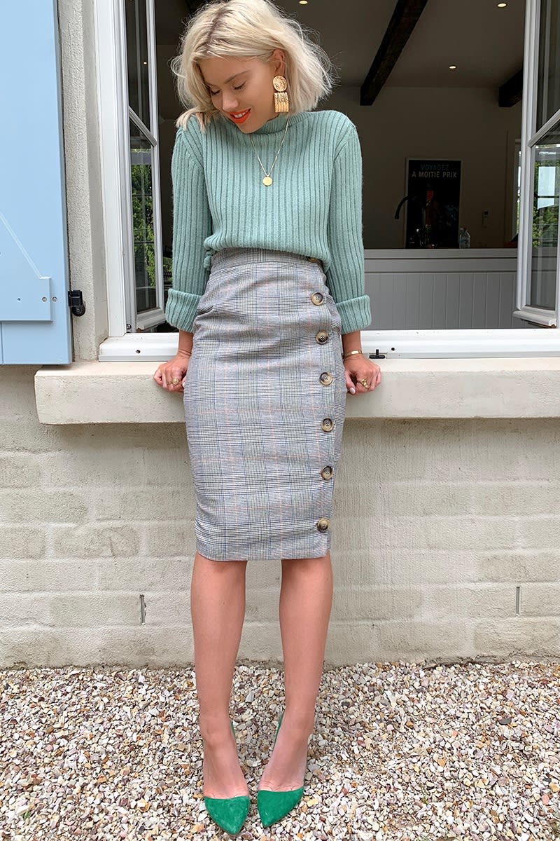 LAURA JADE GREY HERITAGE CHECK HIGH WAISTED MIDI SKIRT WITH BUTTON SIDE SPLIT
