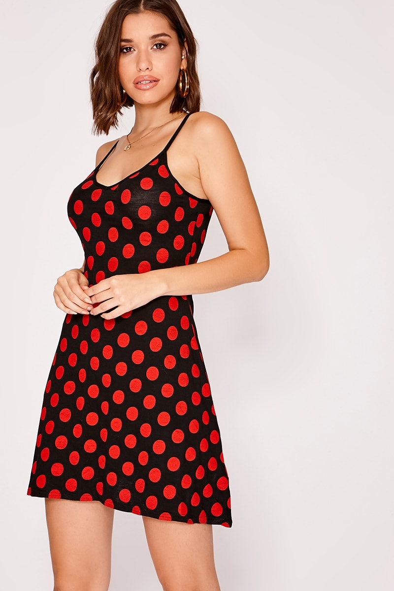 black and red polka dot v front swing dress