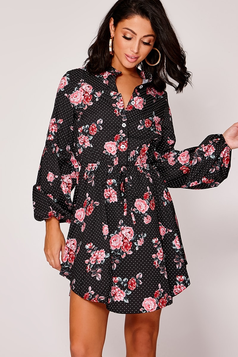 black floral polka dot puff sleeve mini dress
