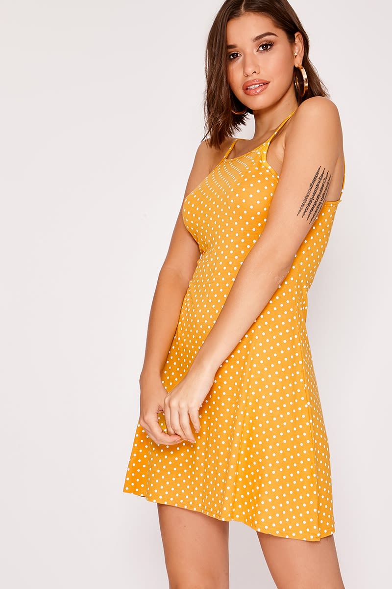 mustard polka dot swing dress