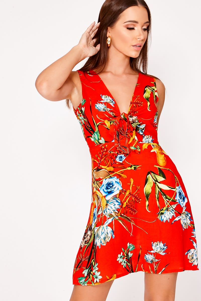 NIKEETA RED FLORAL TIE FRONT DRESS