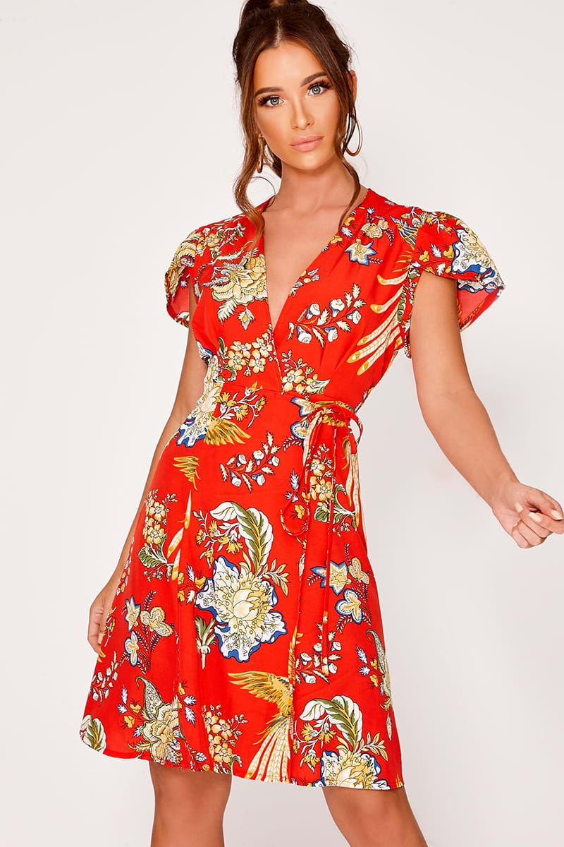 ELROY RED ORIENTAL FLORAL WRAP FRONT DRESS