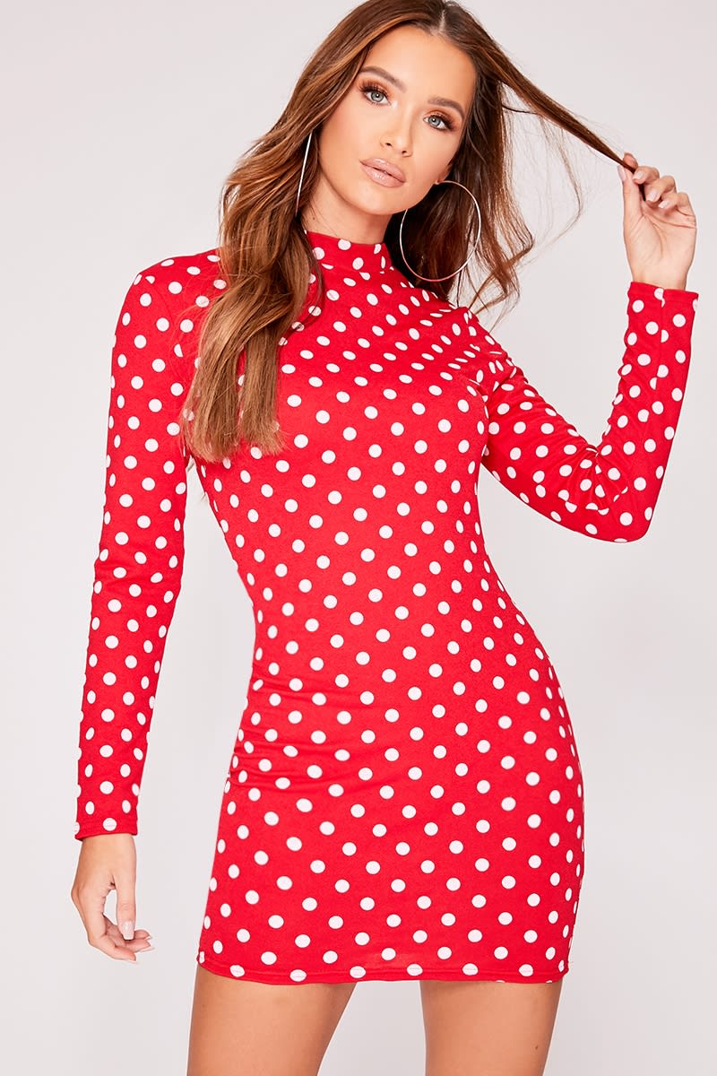red polka dot high neck bodycon dress