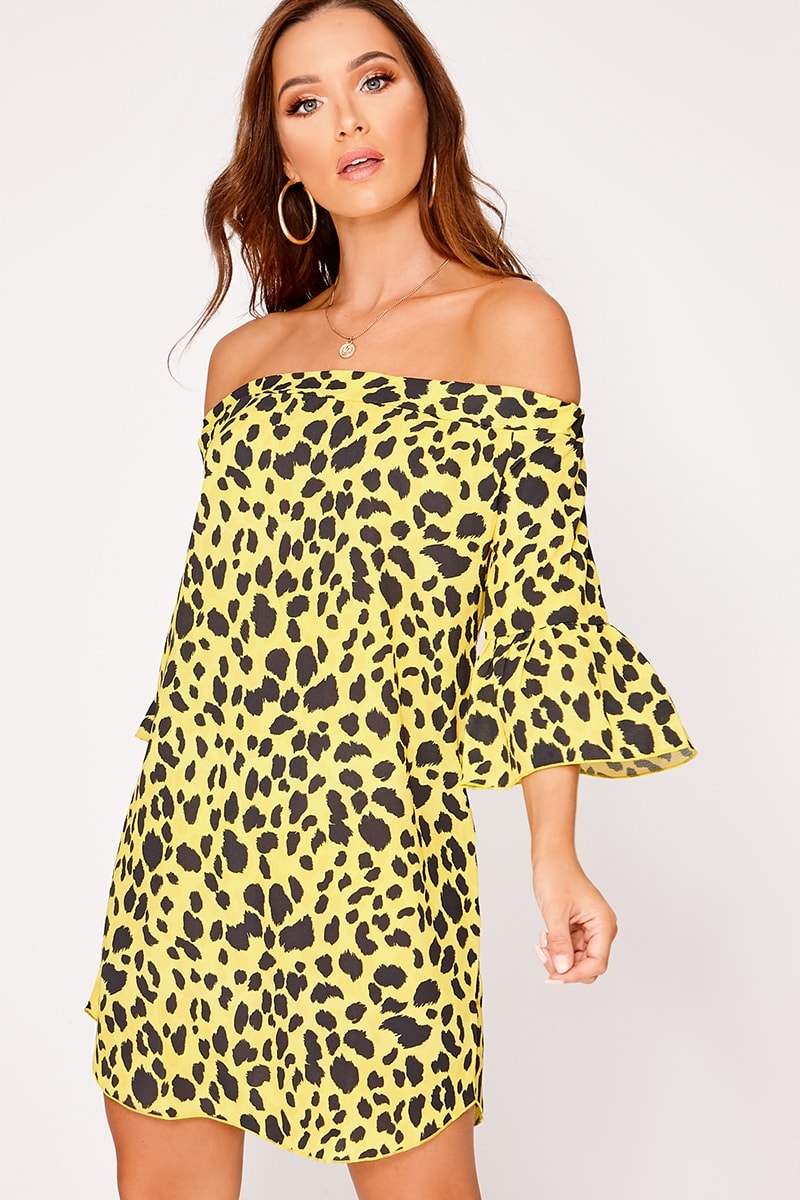 yellow leopard print bardot frill dress