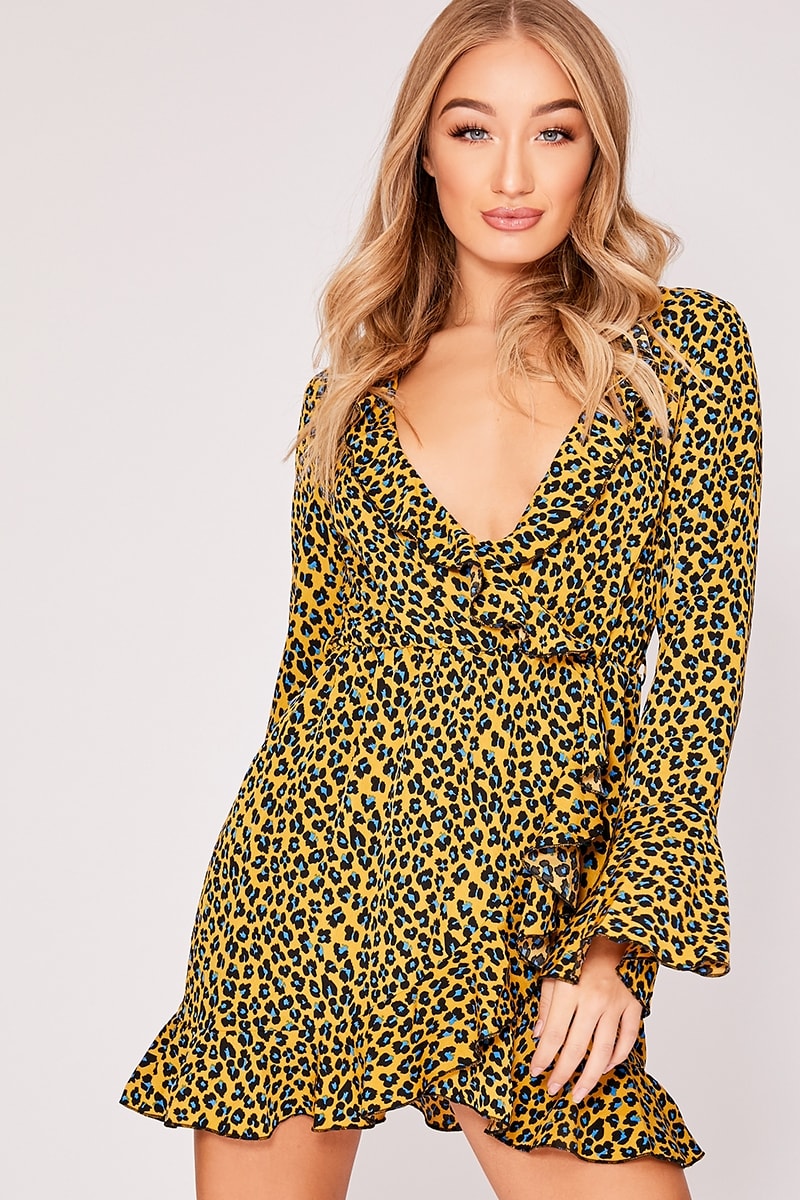 yellow leopard print plunge frill wrap dress