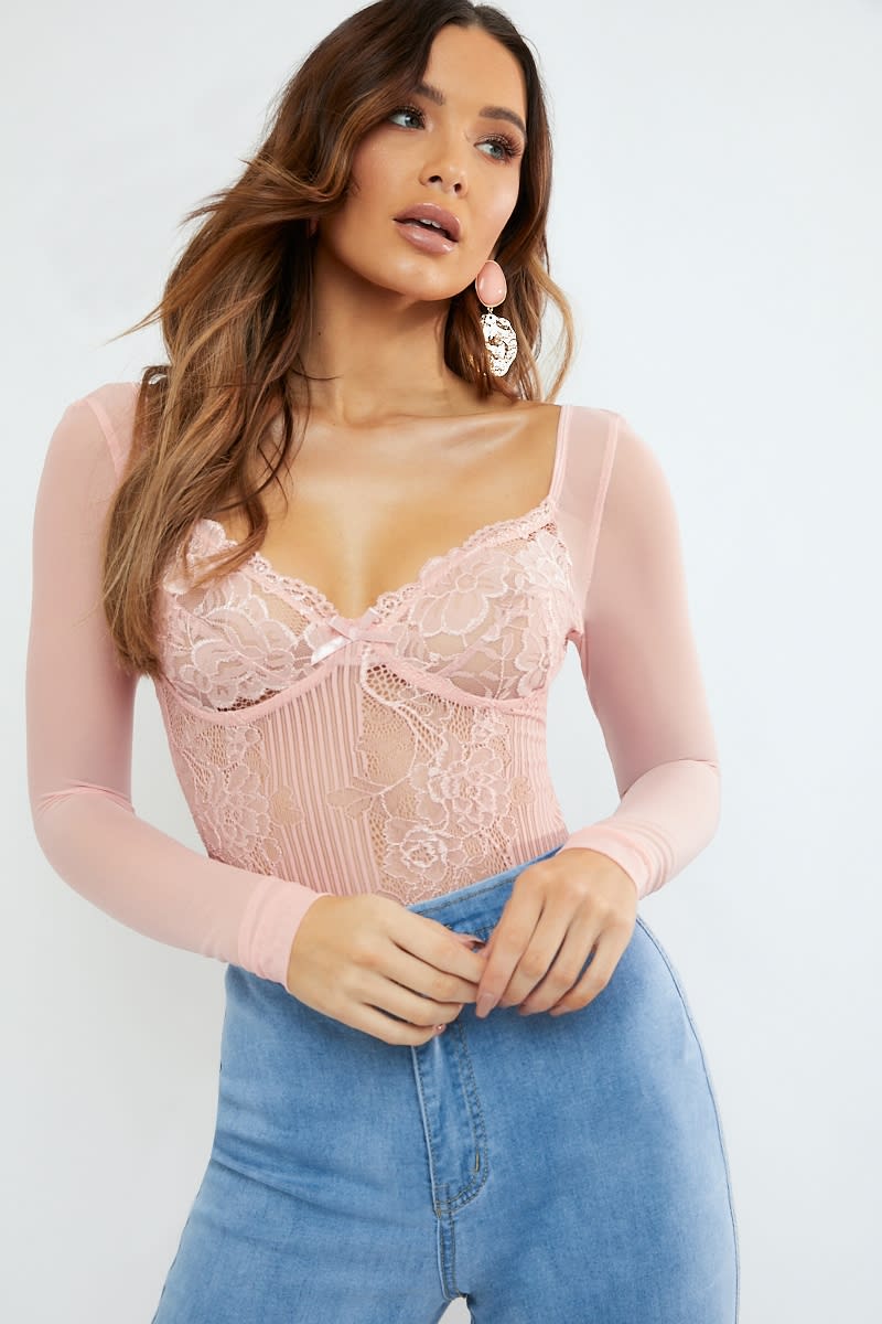 blush lace with mesh sleeve bodysuit