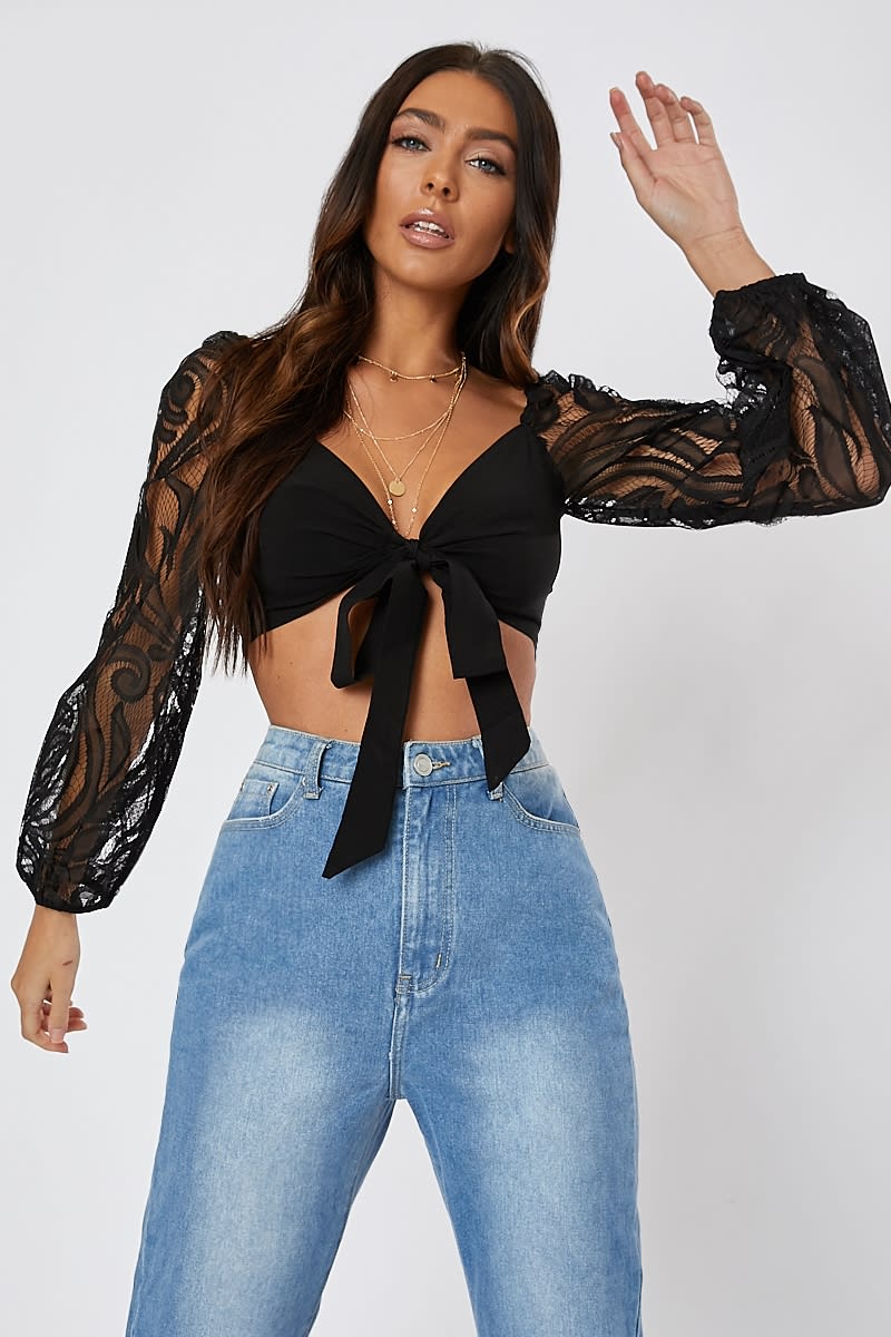 black lace sleeve wrap front crop top