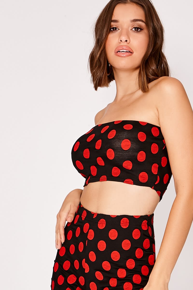 black and red polka dot bandeau crop top