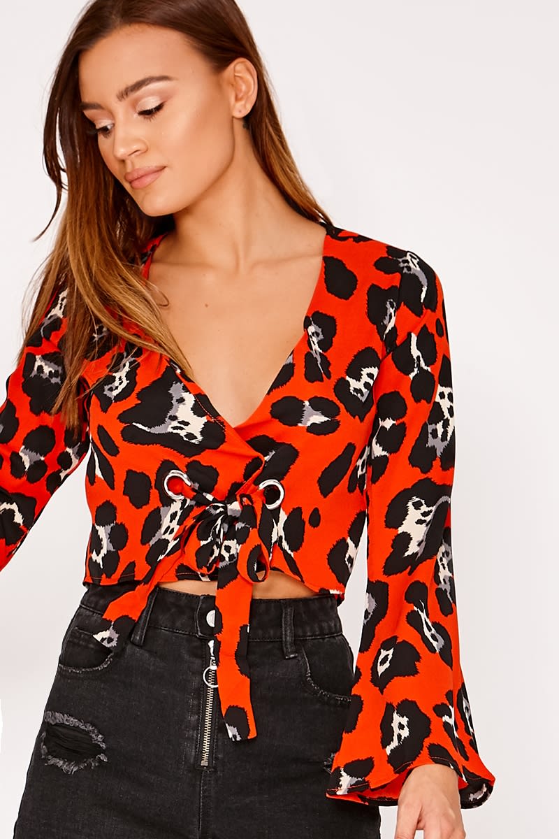 red leopard print eyelet detail wrap front crop top