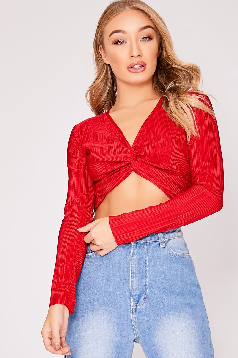 red pleated knot front crop top