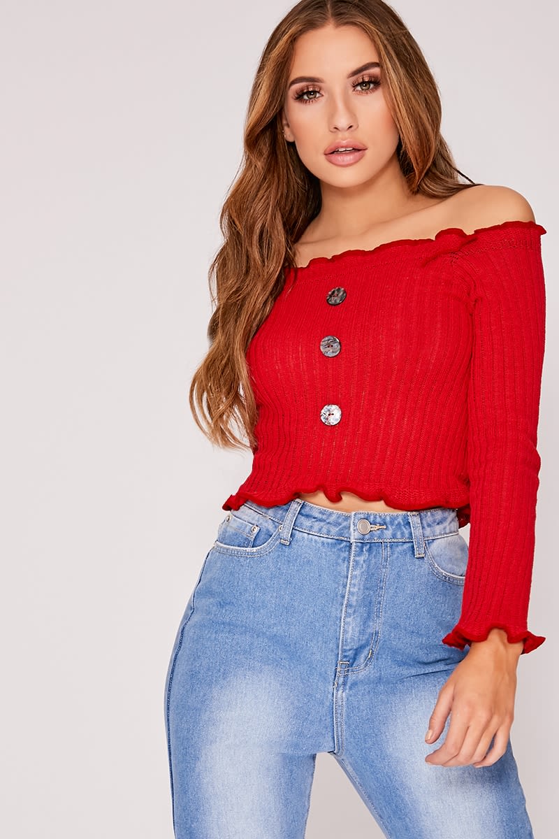 INATHI RED KNITTED BUTTON DETAIL BARDOT CROP TOP