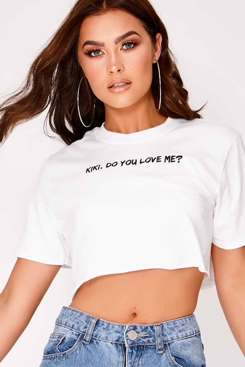 do you love me? white cropped slogan t shirt