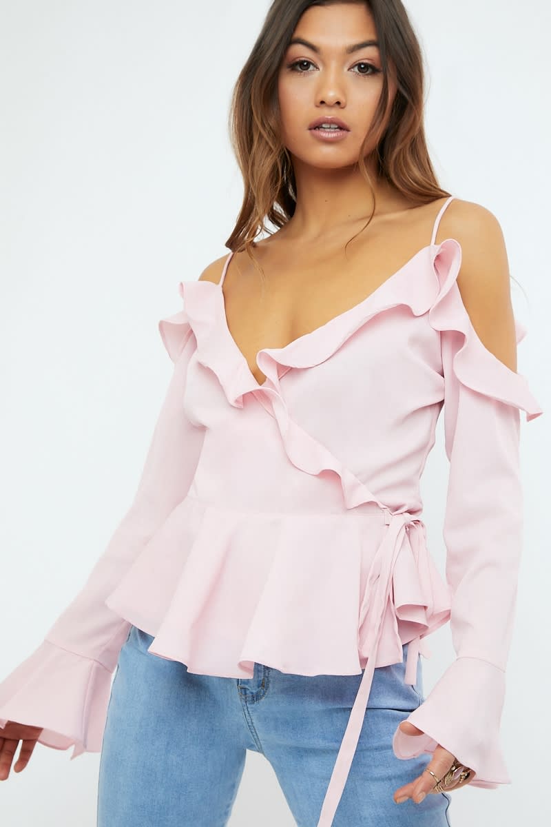 pink frill cold shoulder wrap blouse