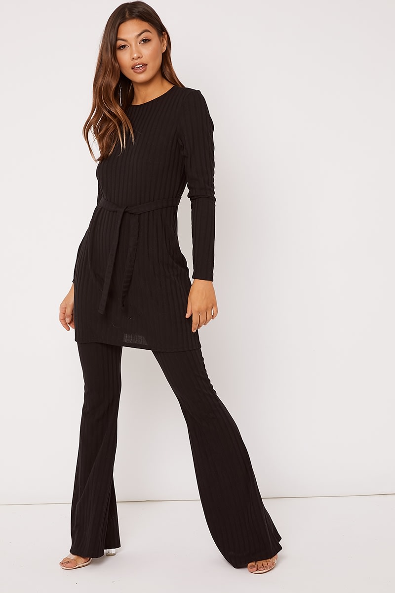 black ribbed flare leg trousers co ord