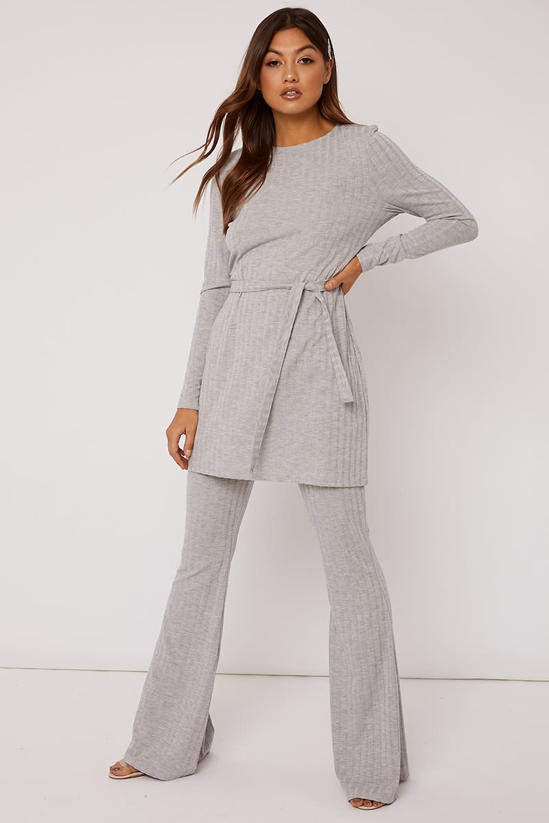 grey marl ribbed flare leg co ord trousers