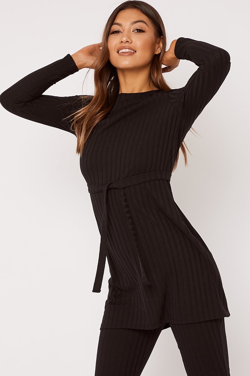 black ribbed longline co ord top