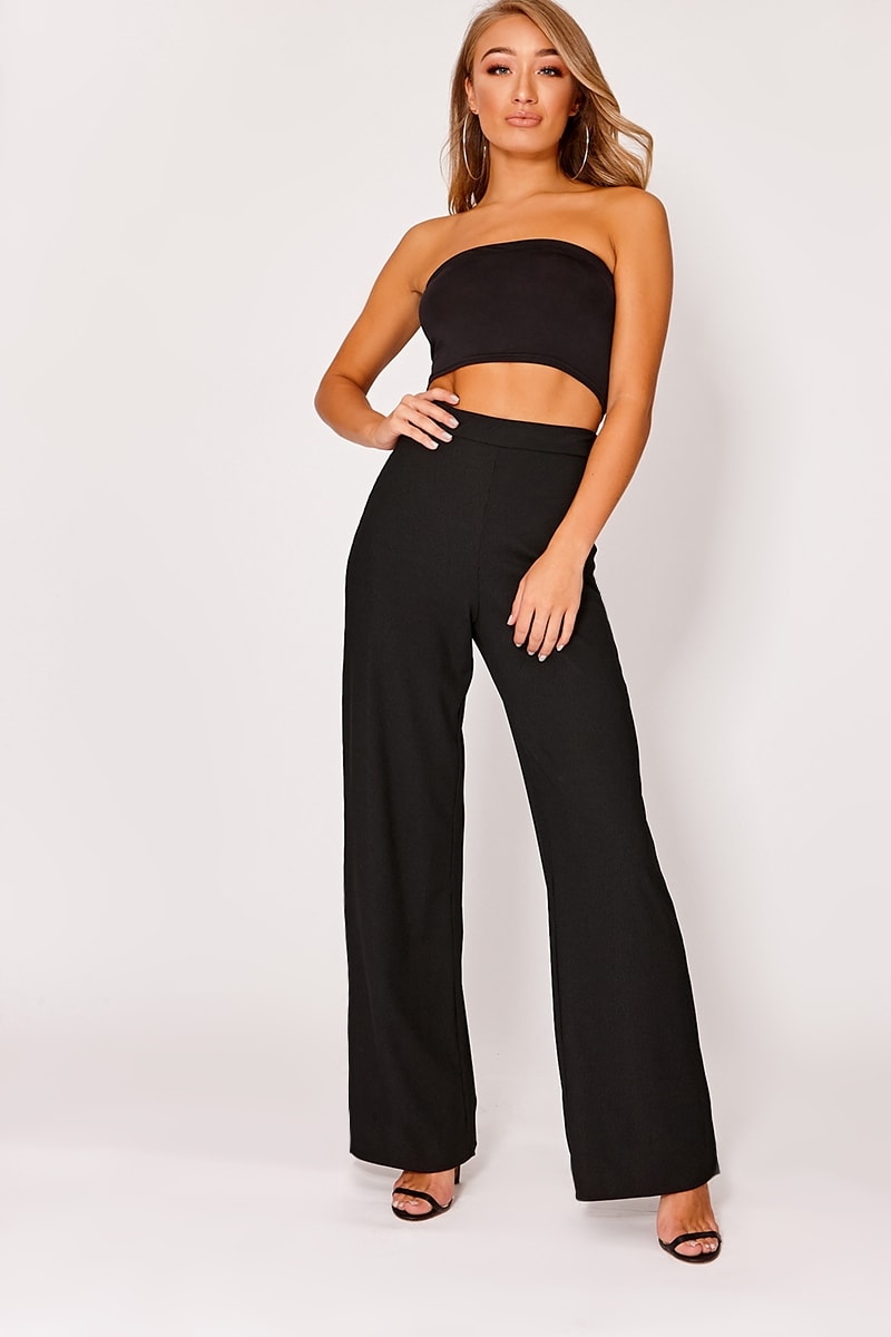 black ribbed wide leg trousers