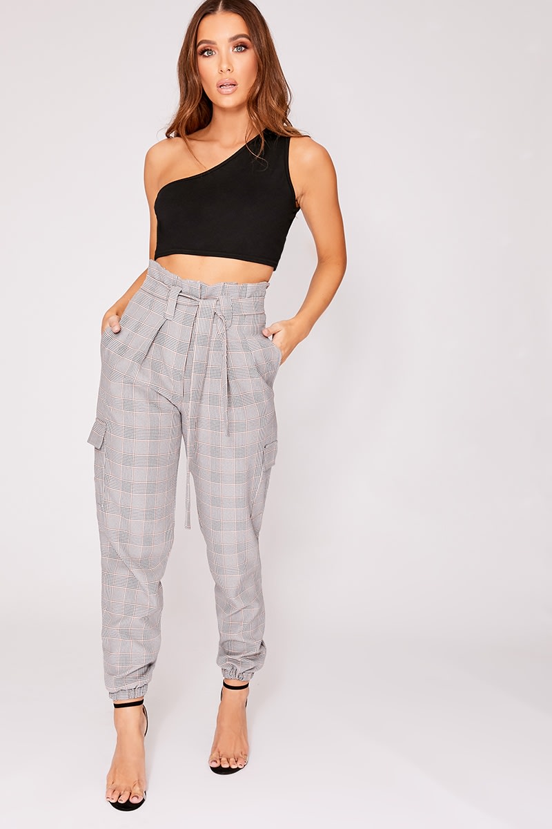 grey contrast check paperbag waist wide leg trousers