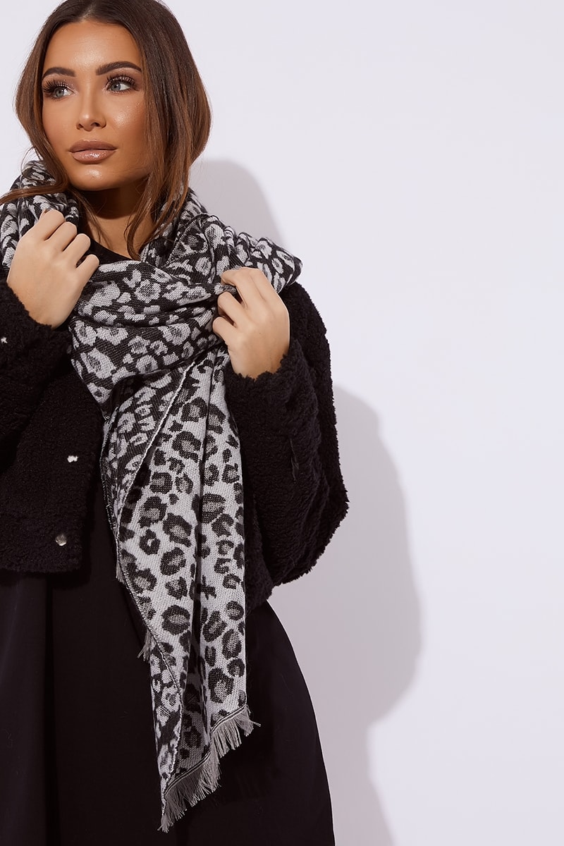Grey Leopard Print Scarf | In The Style