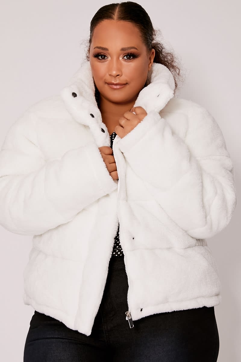 CURVE HAYLI WHITE CROPPED FAUX  FUR PADDED PUFFER JACKET