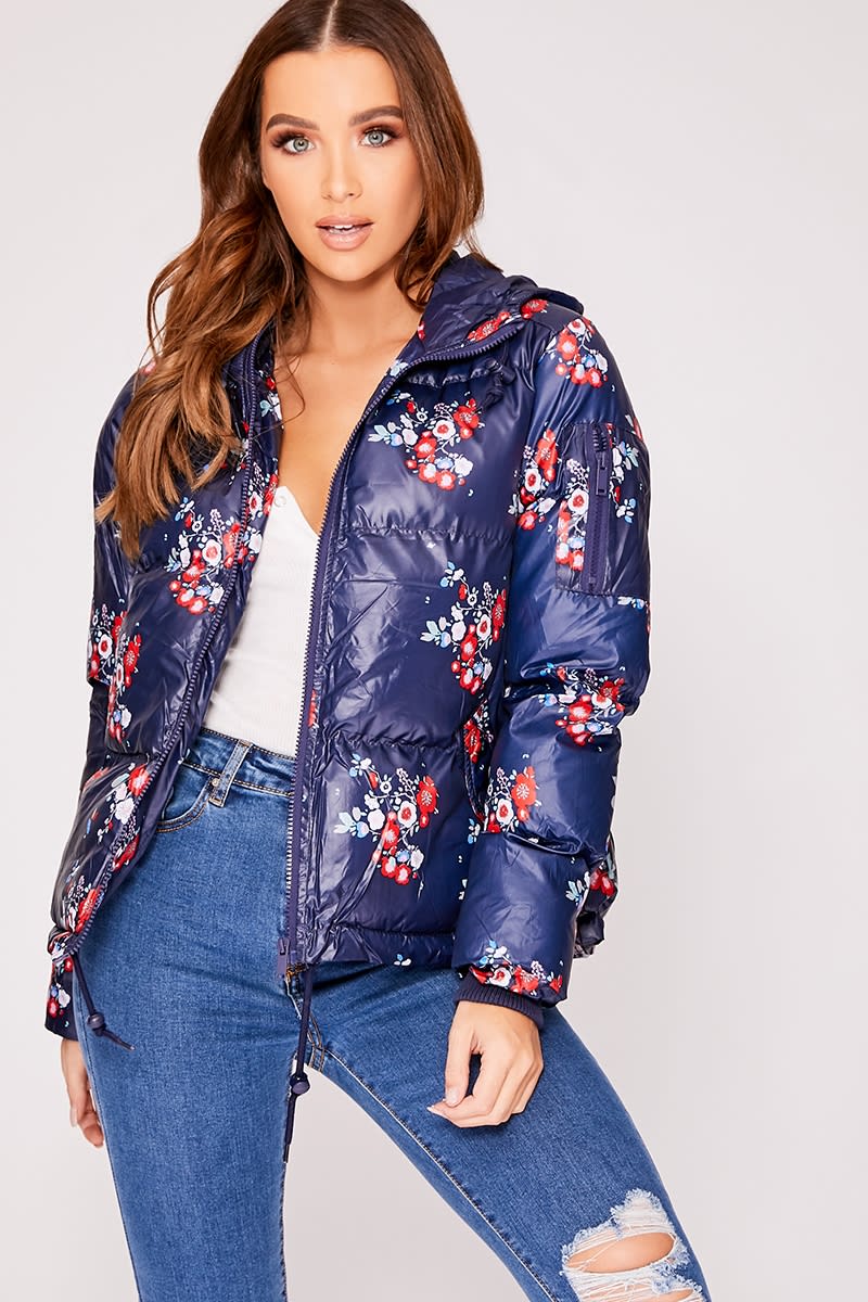navy floral print padded jacket with hood
