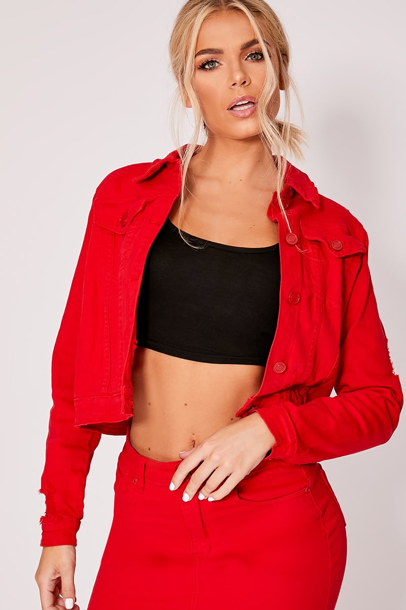 Buy Denim Jacket for Women Casual Long Puff Sleeve Button Down Cropped Jean  Coats Fashion Denim Crop Jacket Streetwear Ared Medium at Amazonin