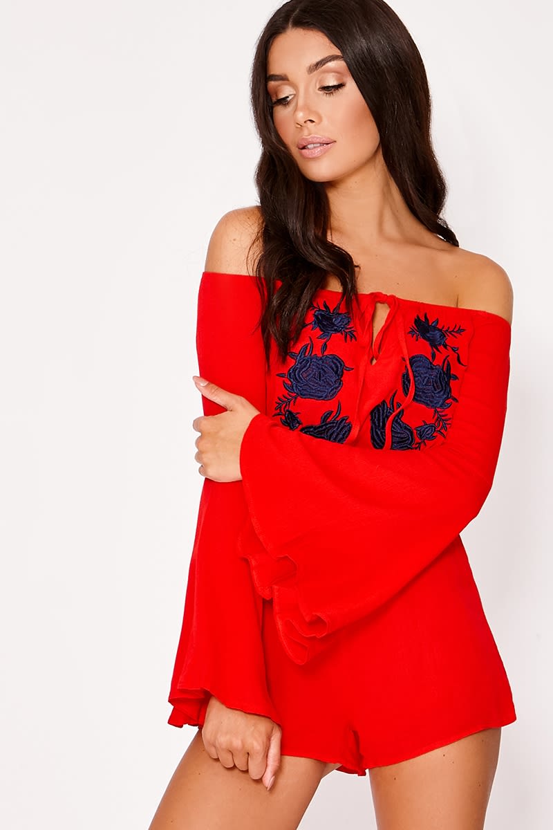 red embroidered bardot playsuit