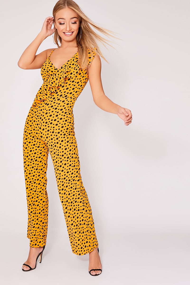 mustard leopard print frill wide leg jumpsuit