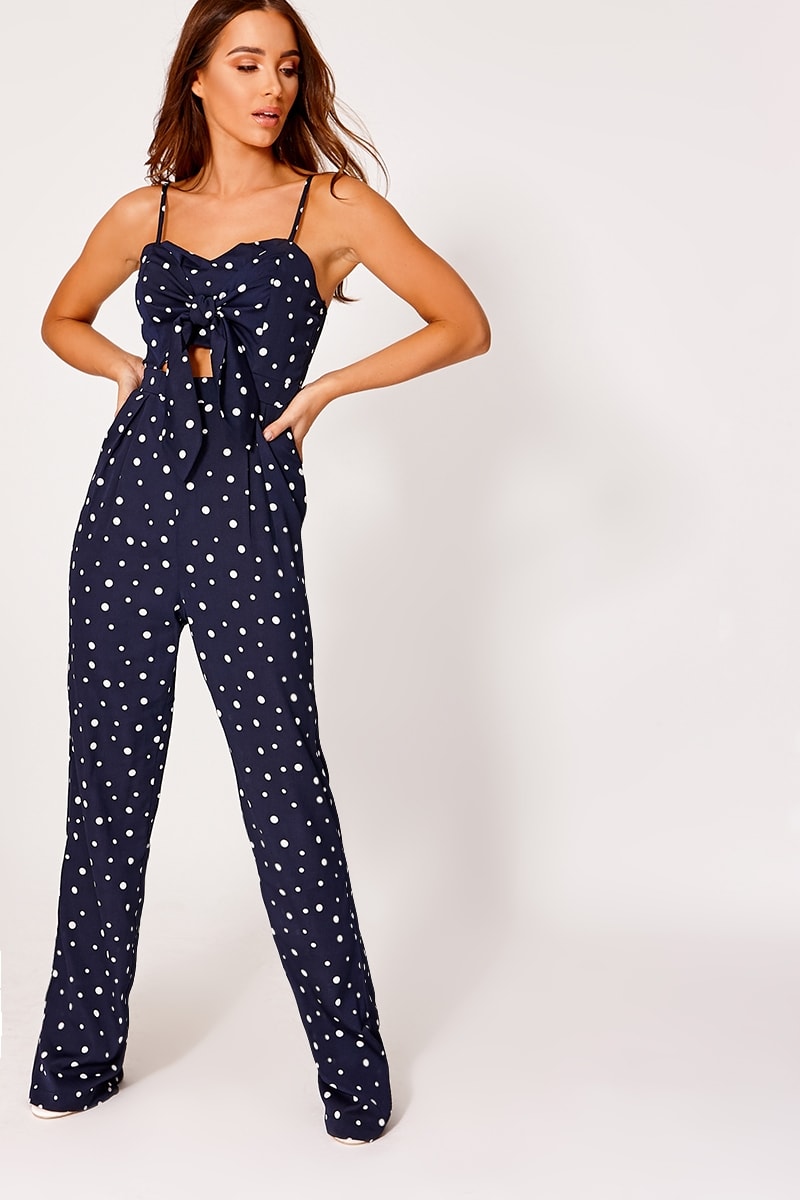 navy polka dot tie front cut out jumpsuit