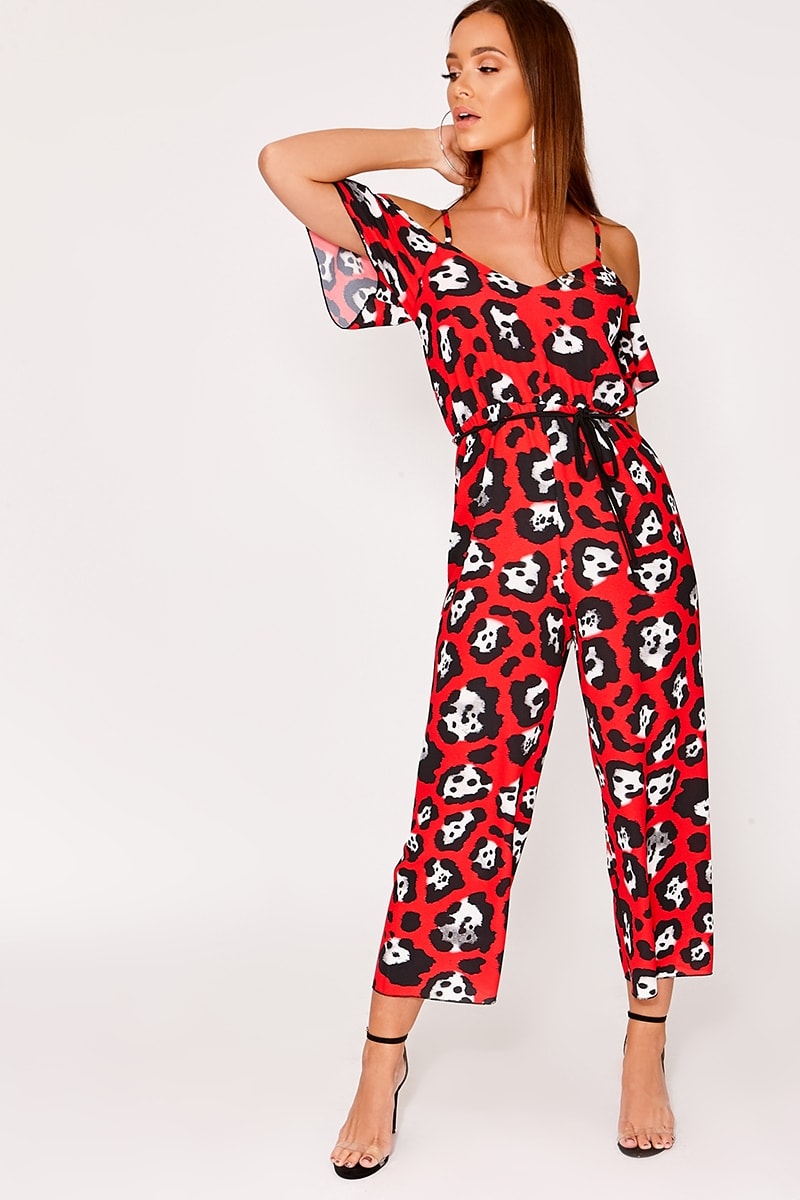 red leopard print cold shoulder culotte jumpsuit