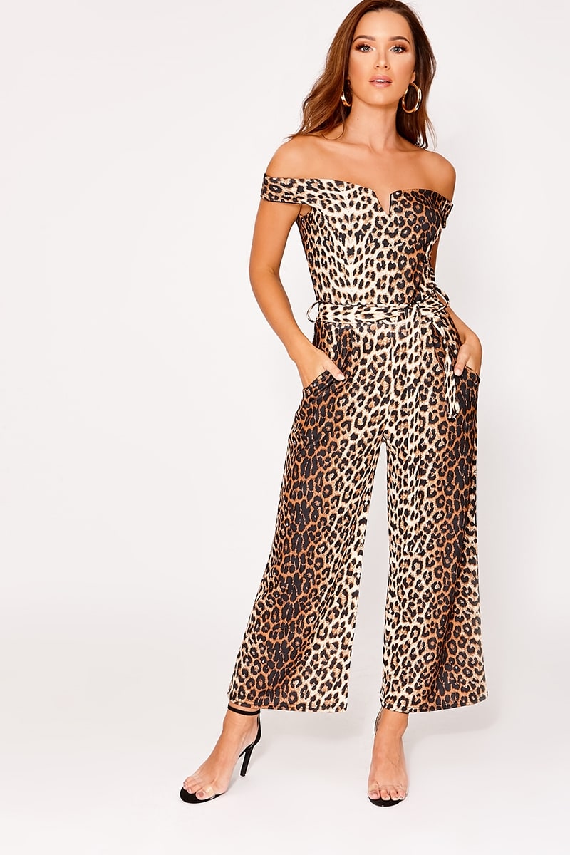 tan leopard print bardot culotte jumpsuit