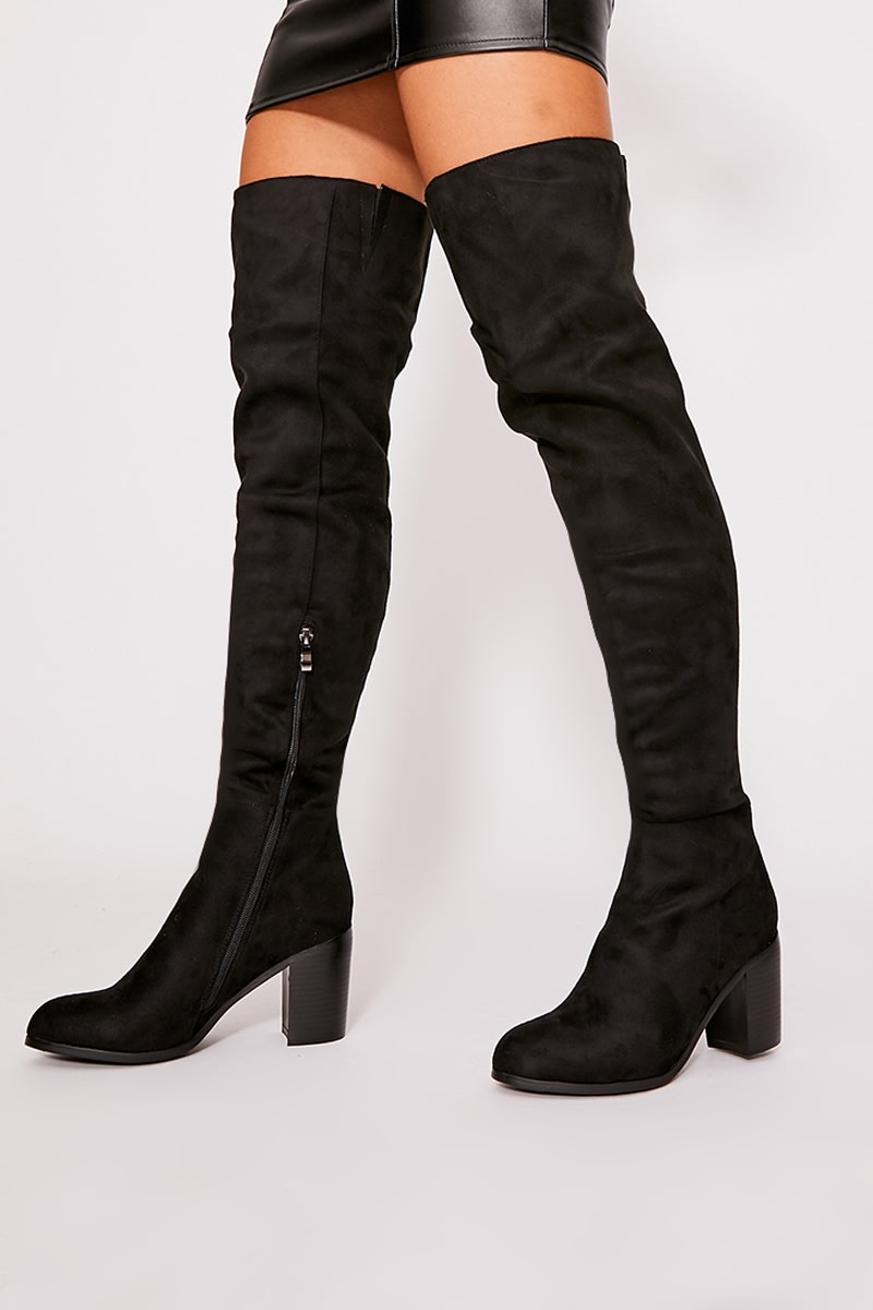 black faux suede mid heel over the knee boots