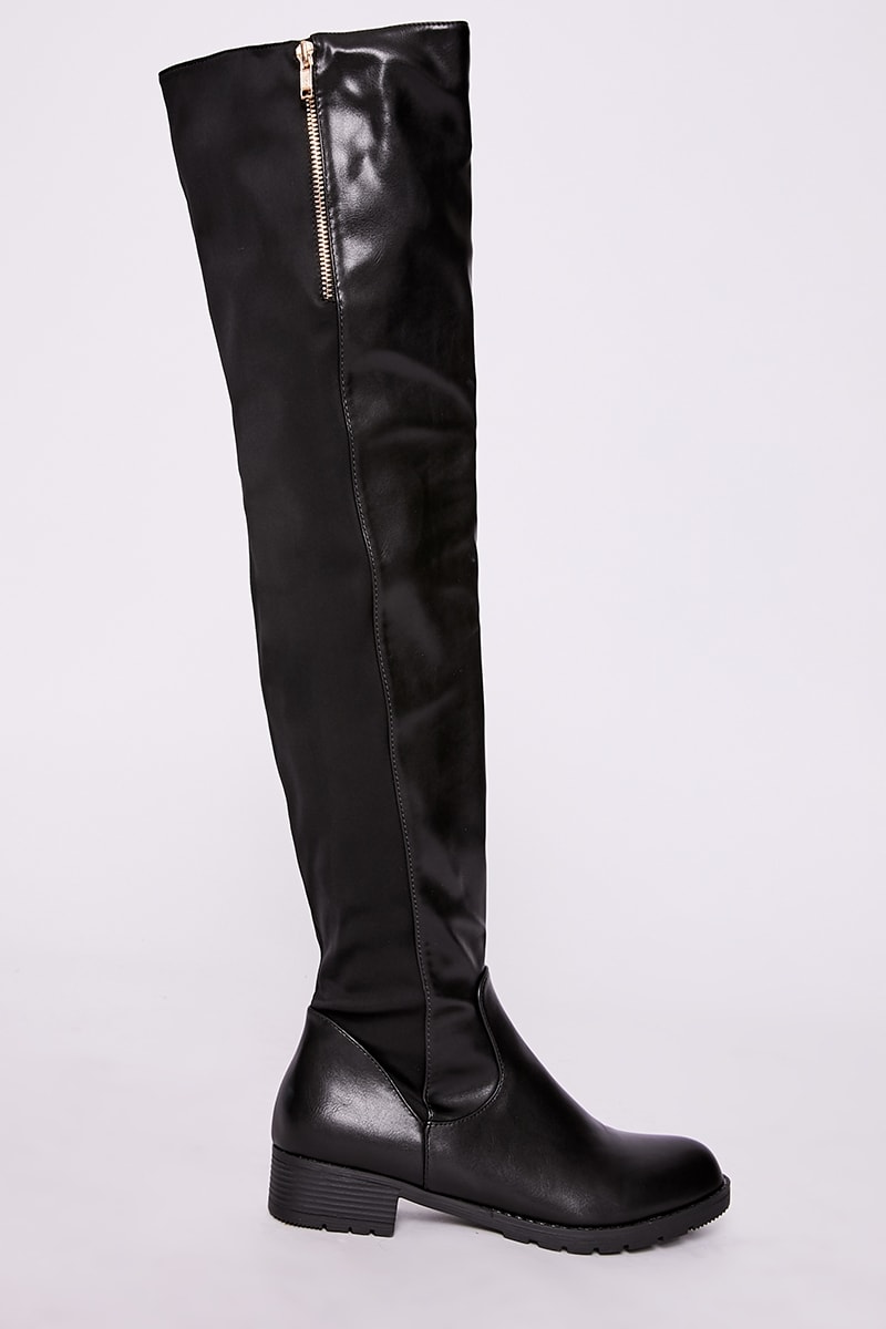 black faux leather zip detail over the knee boots