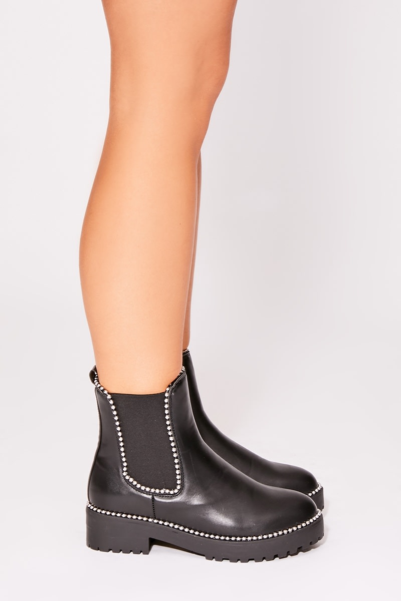 black faux leather studded ankle boots