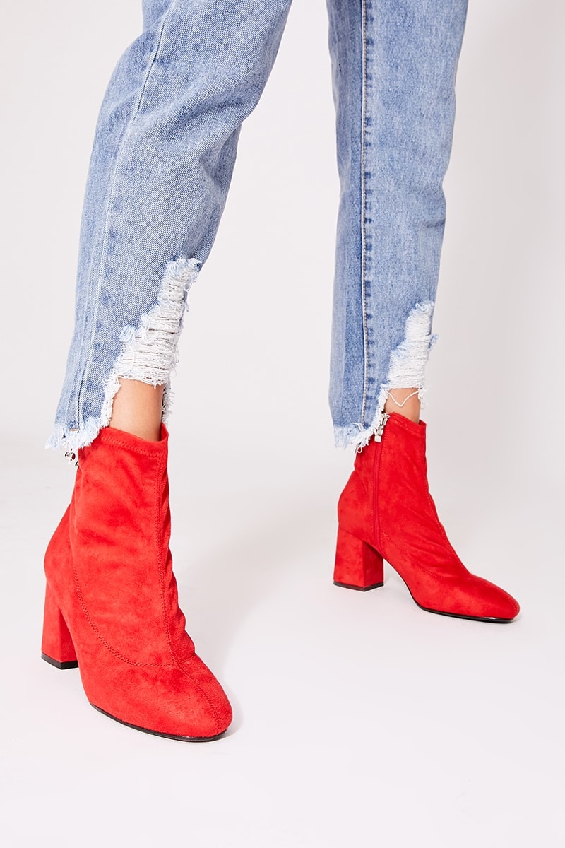 red faux suede ankle boots