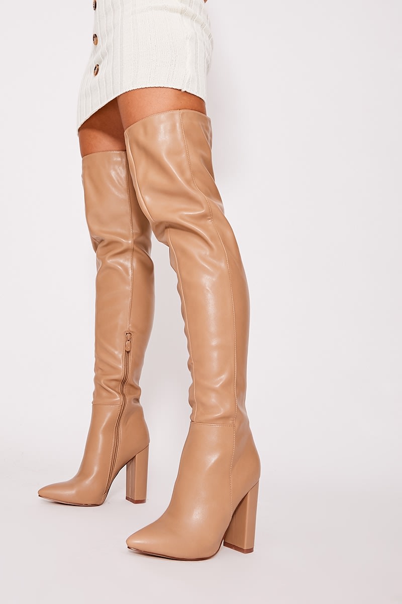 taupe faux leather over the knee boots
