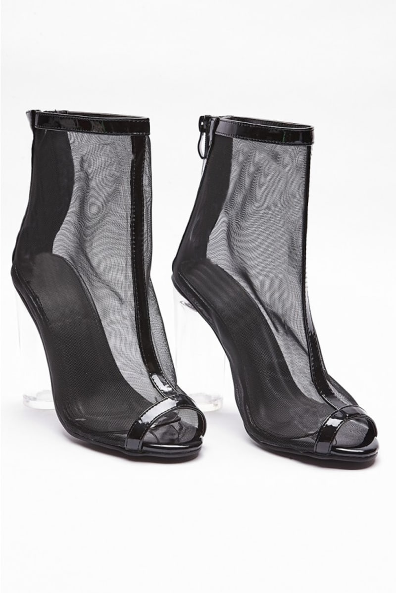 black mesh peep toe clear heels