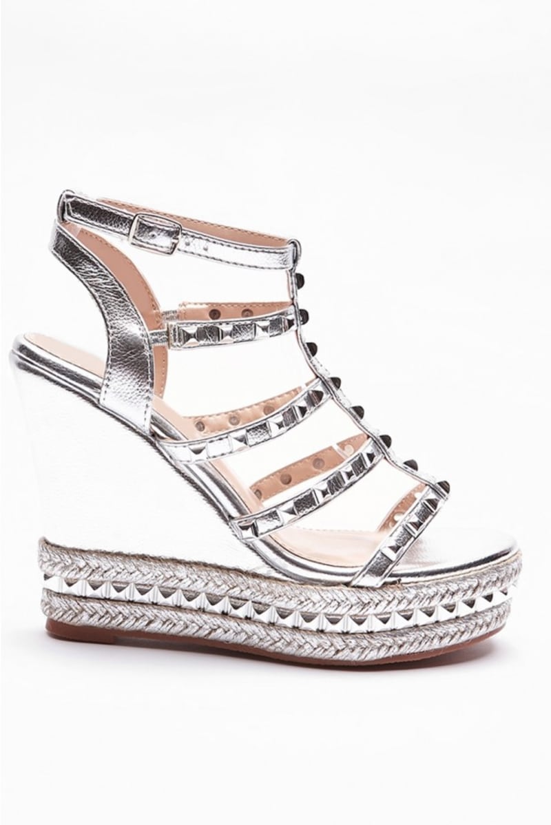 silver studded strap wedges