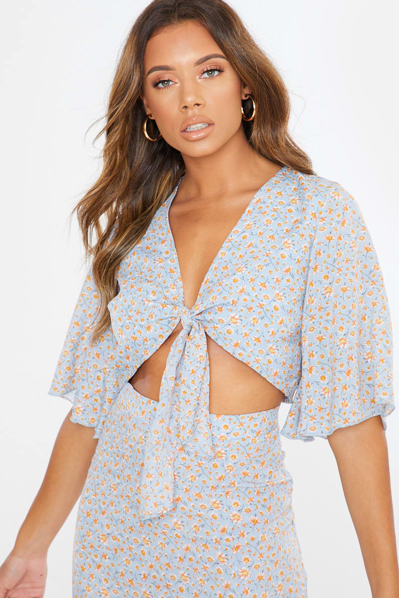 blue ditsy floral tie front top