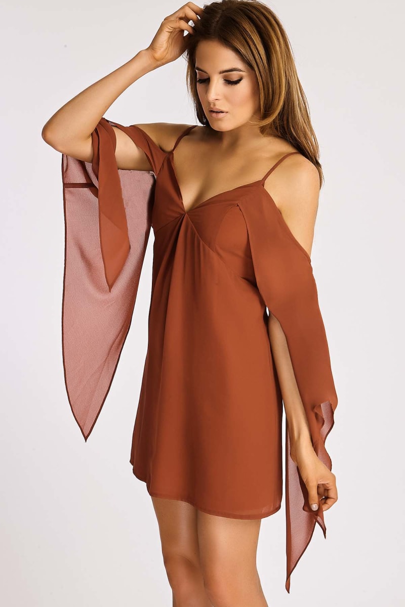 Binky Rust Cold Shoulder Cape Sleeve Cami Dress