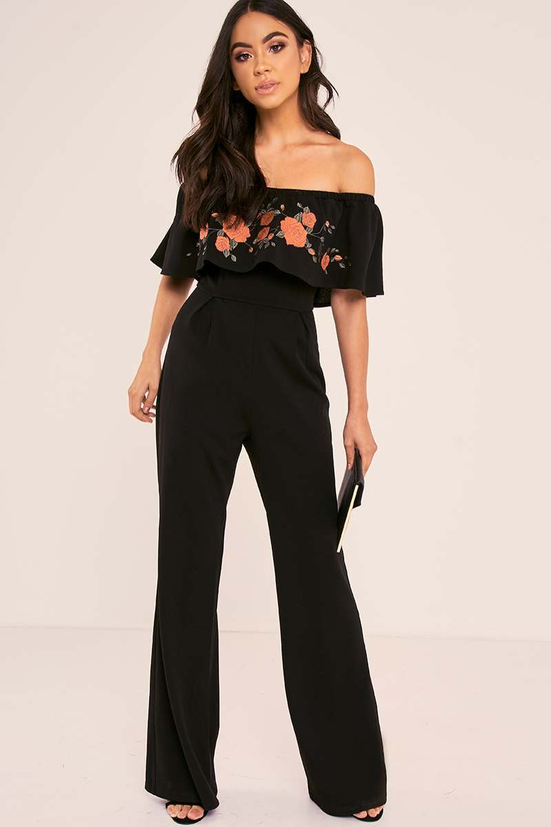 BINKY BLACK FLORAL EMBROIDERED BARDOT FRILL PALAZZO JUMPSUIT 