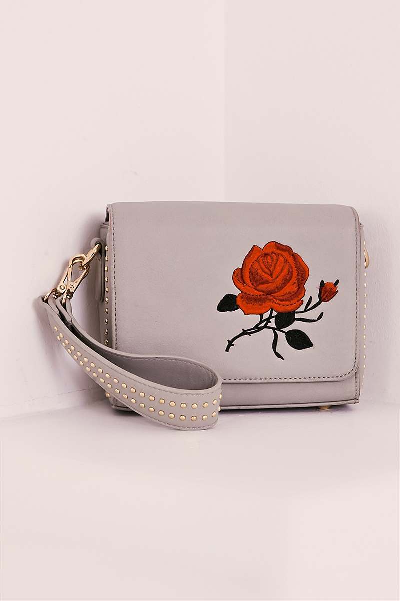 GREY FAUX LEATHER EMBROIDERED BAG