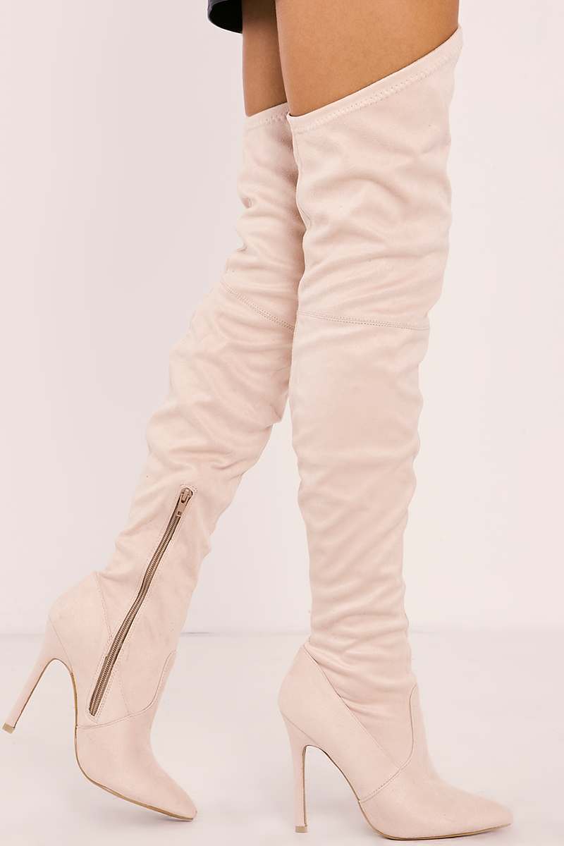 cream faux suede over the knee heeled boots