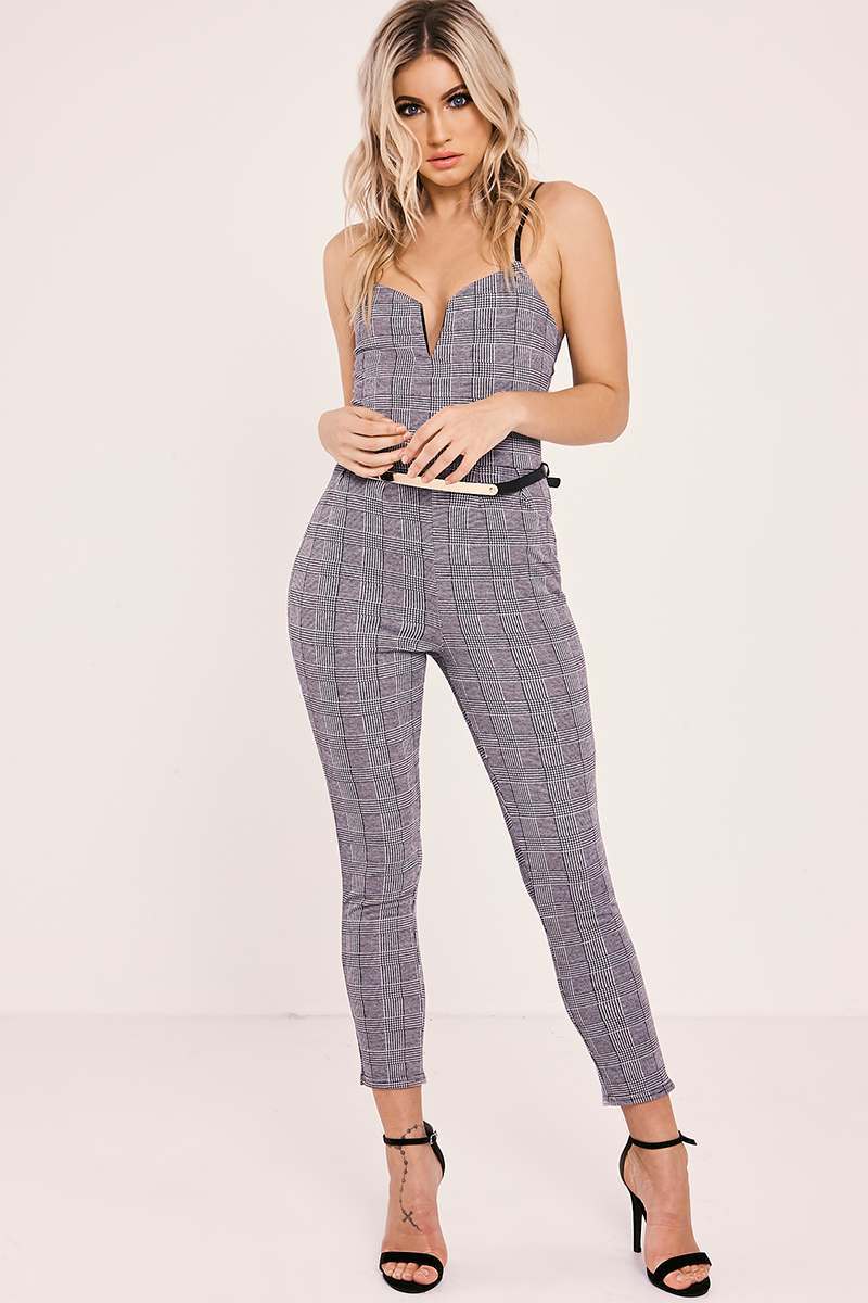 ROBYNA GREY CHECKED BELTED JUMPSUIT