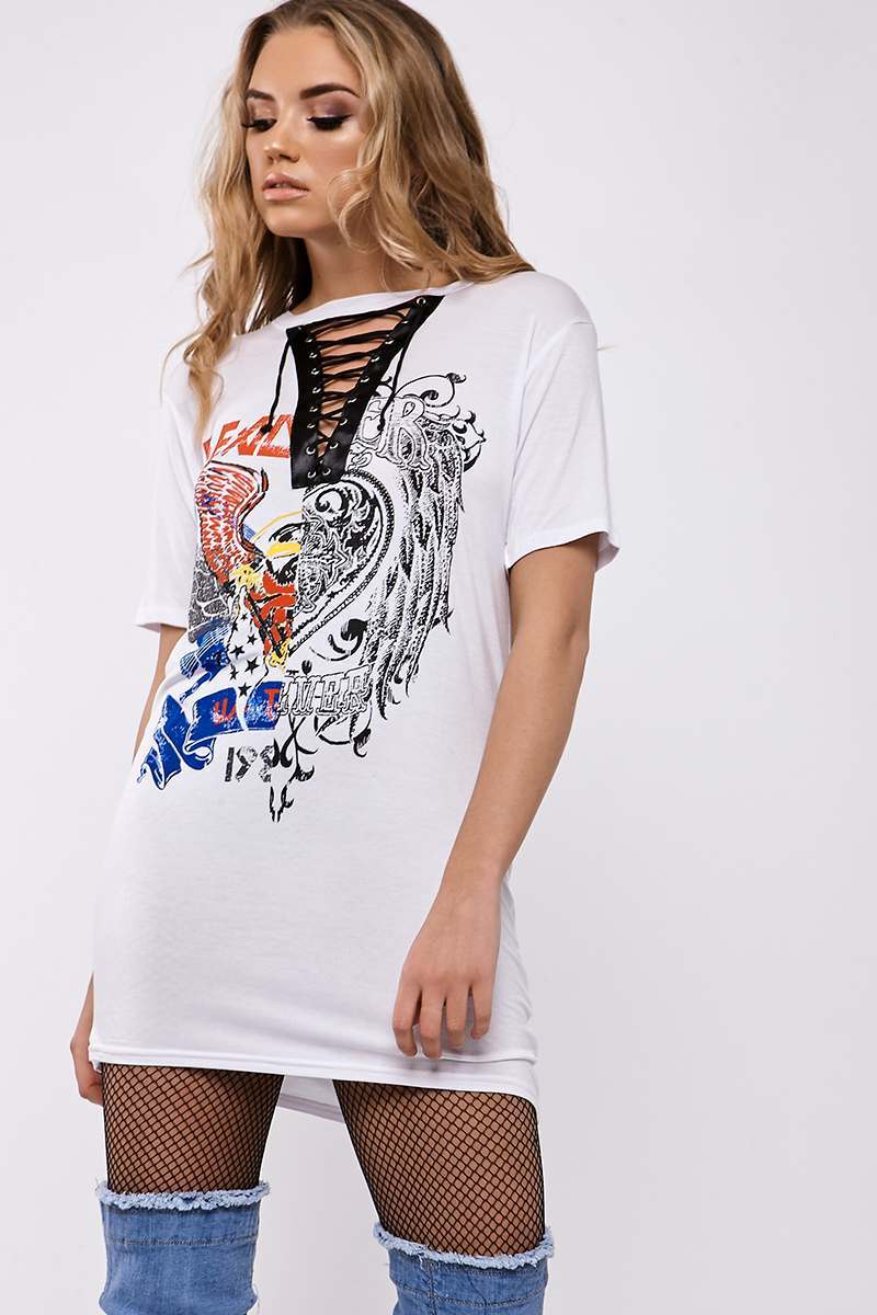 HEART AND EAGLE SPLICED WHITE LACE UP T SHIRT DRESS