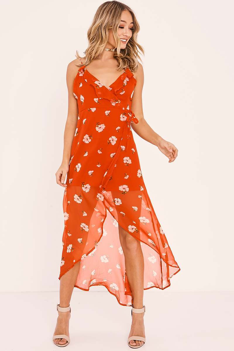 red floral wrap front tie waist maxi dress