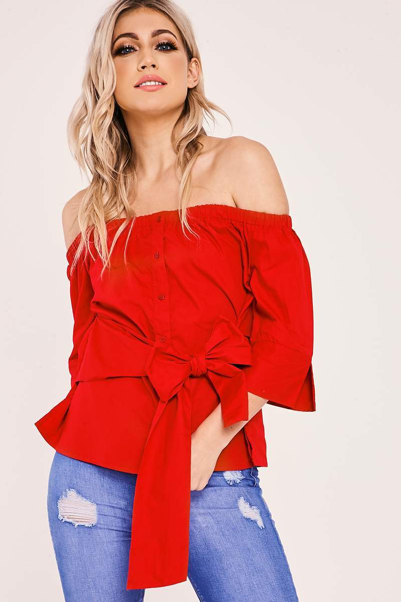 red tie front bardot top